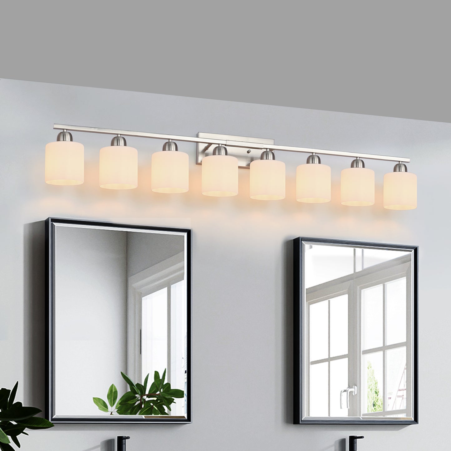 8-Light Bathroom Light Fixtures, 52inch Nickel Vanity Light with Milky White Glass Shade, Modern Bathroom Wall Lights Over Mirror, Farmhouse Wall Sconces Lighting for Bedroom Living Room