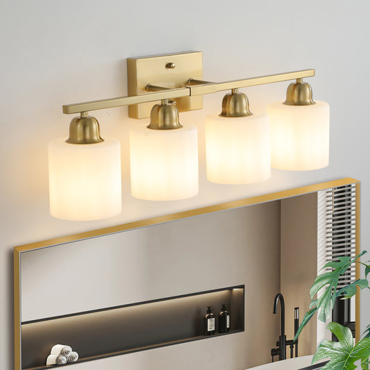 Gold Bathroom Light Fixtures, 4-Light Modern Vanity Light Over Mirror, Wall Sconces with Milky White Frosted Glass Shades, E26 Socket (Bulbs Not Included)
