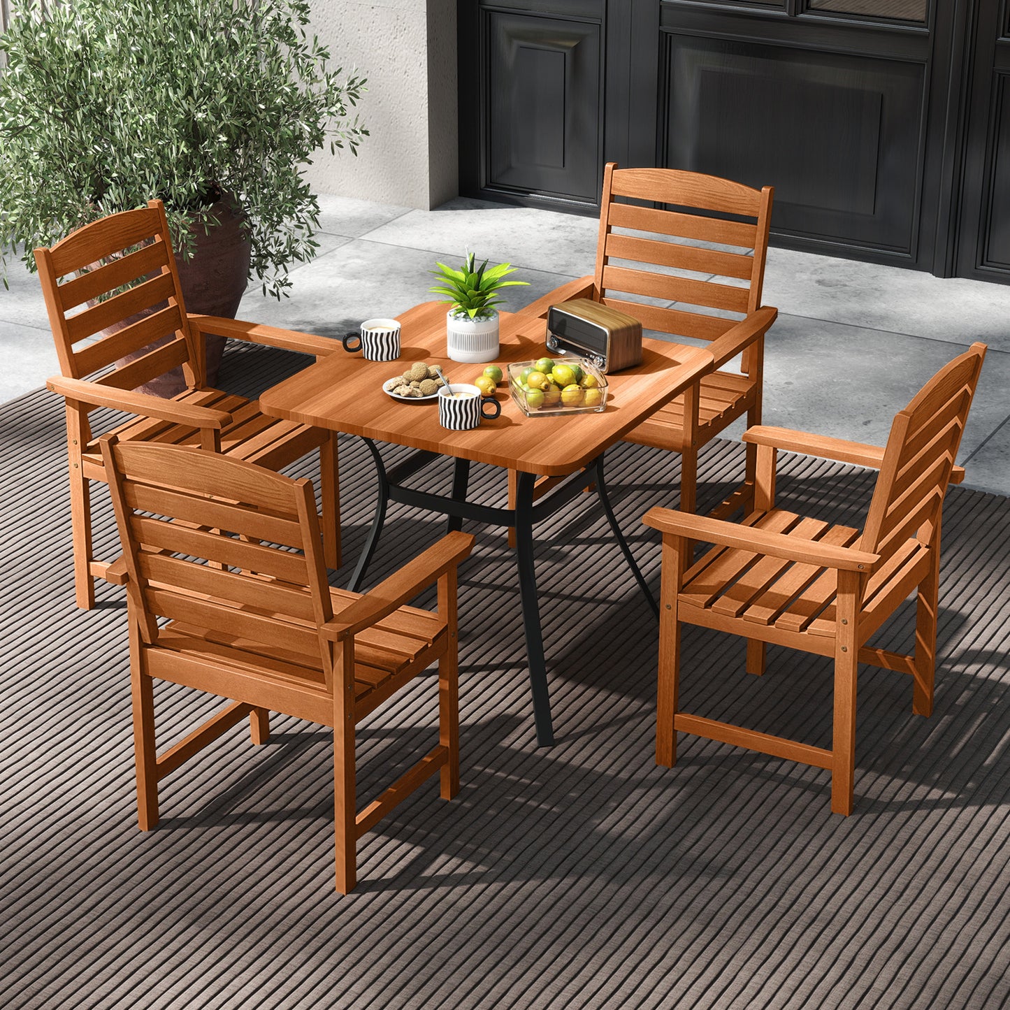 Outdoor Wooden Dining Chairs with Inclined Backrests and Slatted Seats